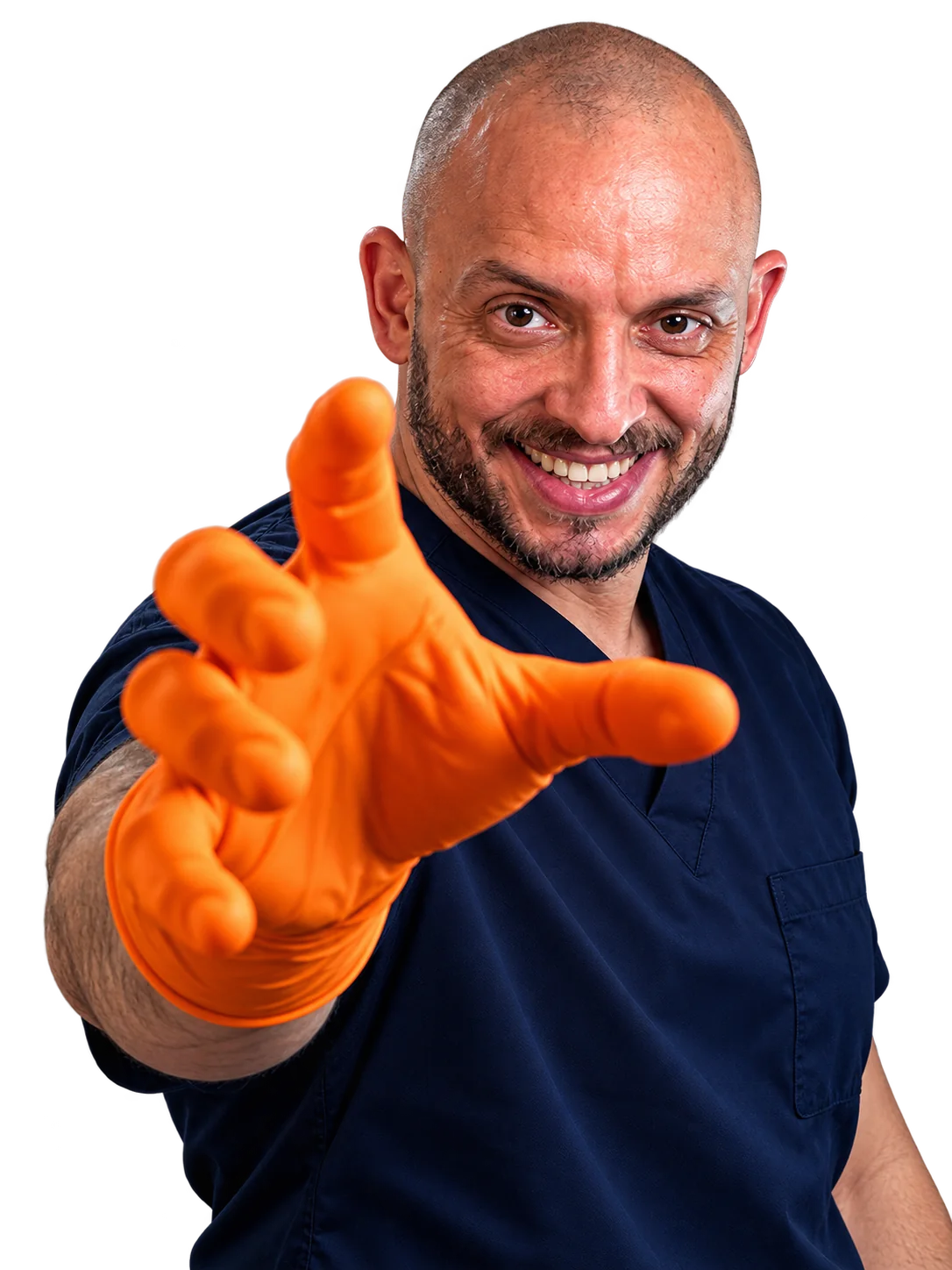 Prof. Diego Leite sorri e estende a mão com a luva laranja.